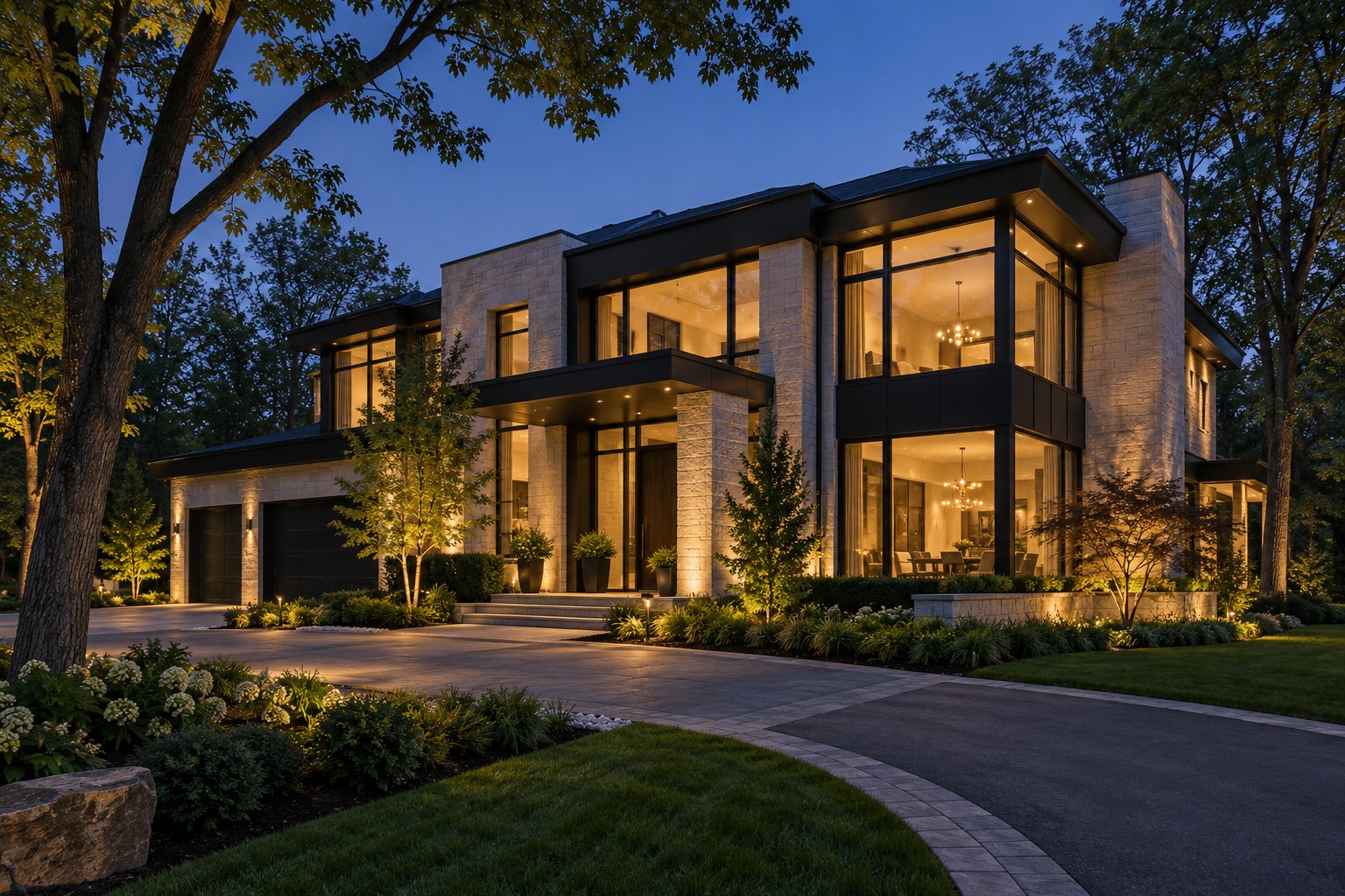 Architectural concept of a contemporary limestone home with black detailing and warm interior lighting