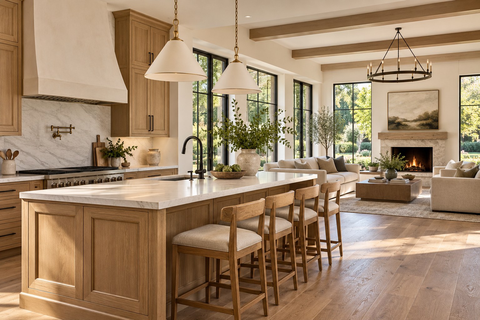 Design concept of an oak kitchen opening into a light-filled living room